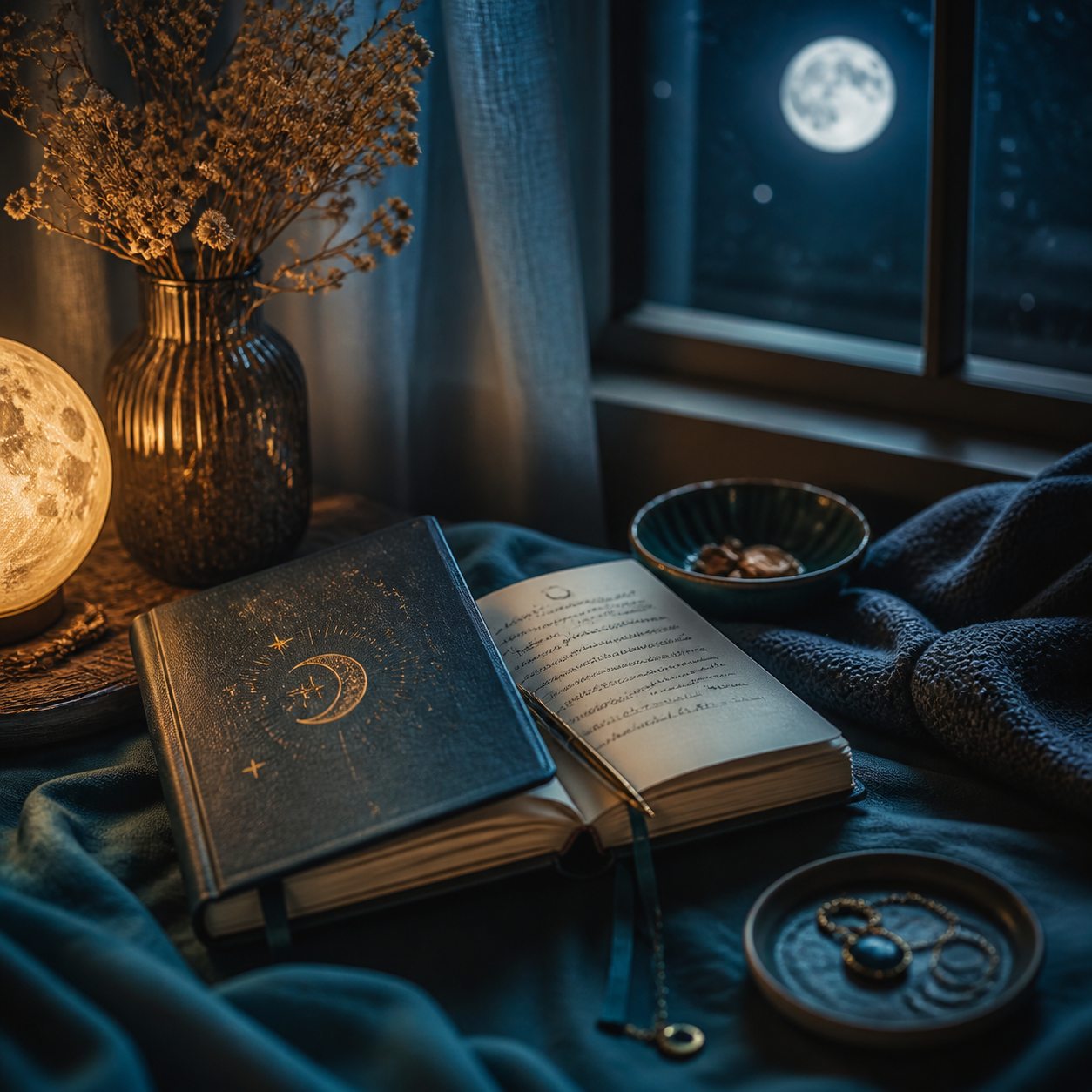 สมุดบันทึกยามค่ำคืนกับแสงจันทร์สำหรับบทความความฝัน